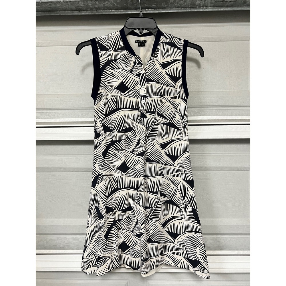 Theory Loreese Silk Palm Leaf Print Sleeveless Shift Dress Black White P/TP